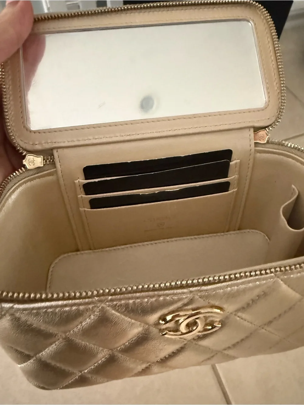 Chanel Quilted Metallic Gold Crossbody Vanity Case from 26/27 cruise collection
